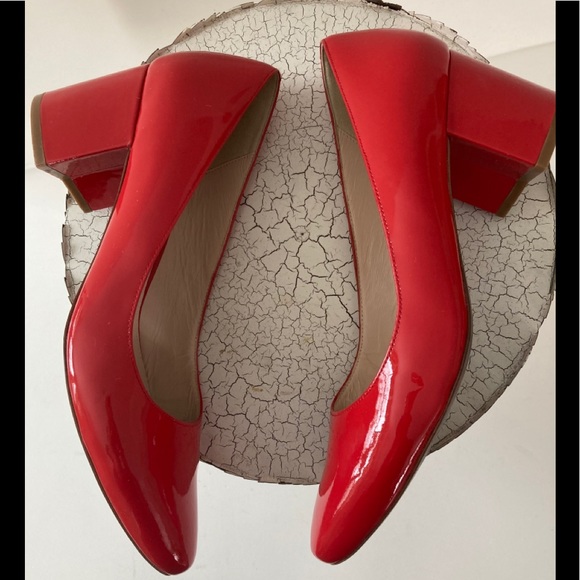 Cole Hann Patten Leather Square Healed Red Pump. - Picture 3 of 9